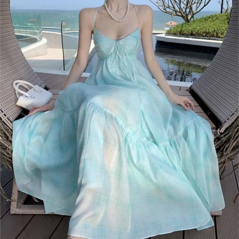 

Purple Mint Green Collar Halter Spaghetti Straps Long Dress Seaside Vacation Fairy Skirt Design Sense