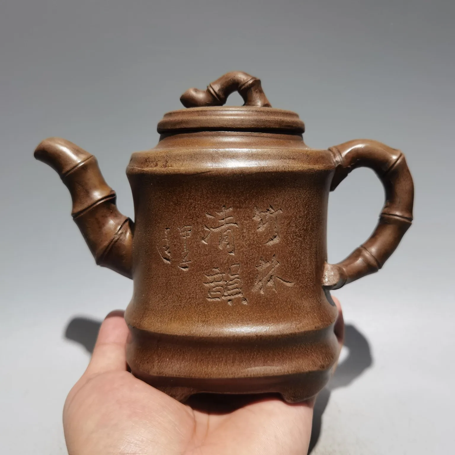 

7"Chinese Yixing Zisha Pottery Bamboo tall pot kettle teapot flagon red mud Ornaments Gather fortune Town house