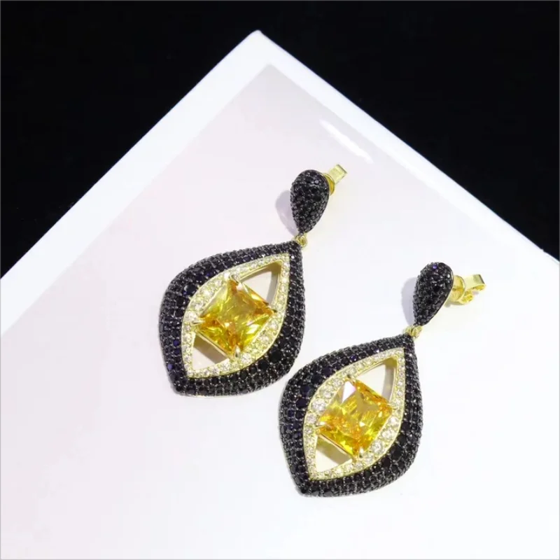 

Fashion 925 Sterling Silver Luxury Jewelry Black Zirconia Micro Pave Large Yellow Gemstone Drop Clip Earrings for Women Party