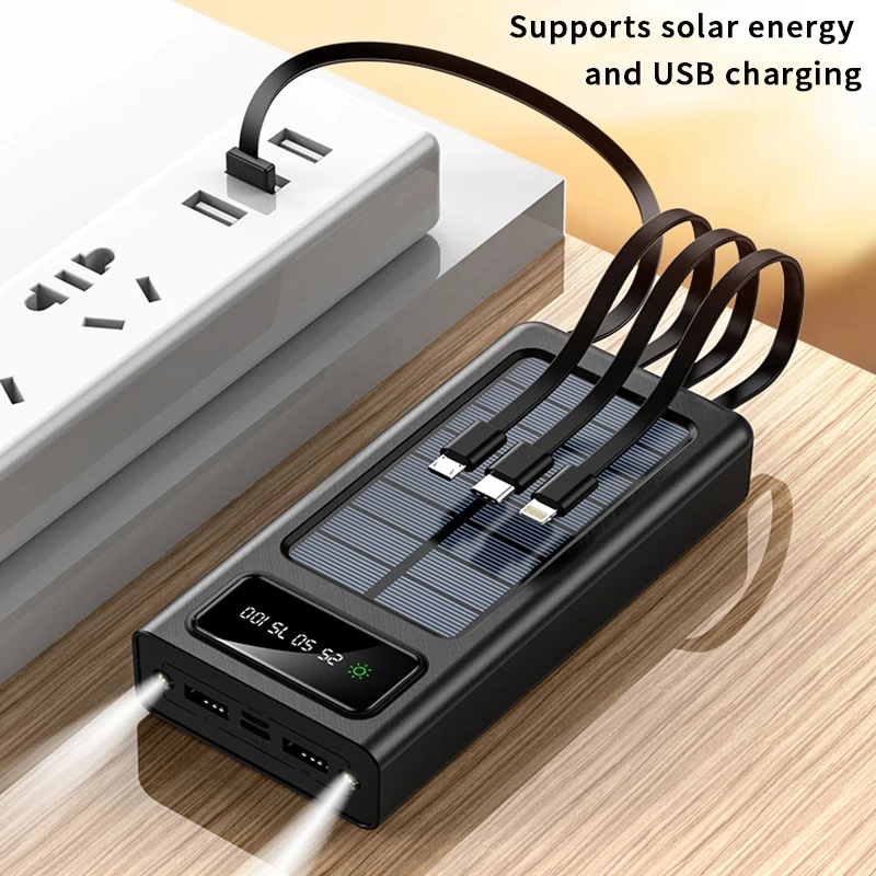 10000-50000mAh Outdoor Solar Power Bank with LED Light Hiking Supplies Large Capacity Fast Charging Battery Phone Power Bank