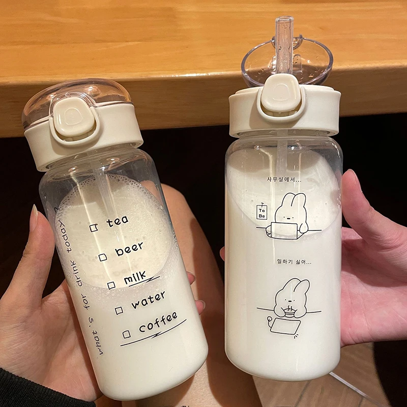Cute Cartoon Straw Water Bottle - Portable, Leak-Proof Drinkware