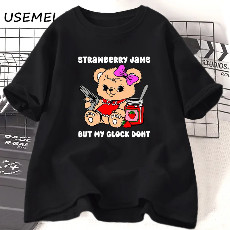 

Strawberry Jams But My Glock Dont Funny Meme Tee Shirt Graphic T Shirts Cotton Women Short Sleeve T-shirts Streetwear Clothes