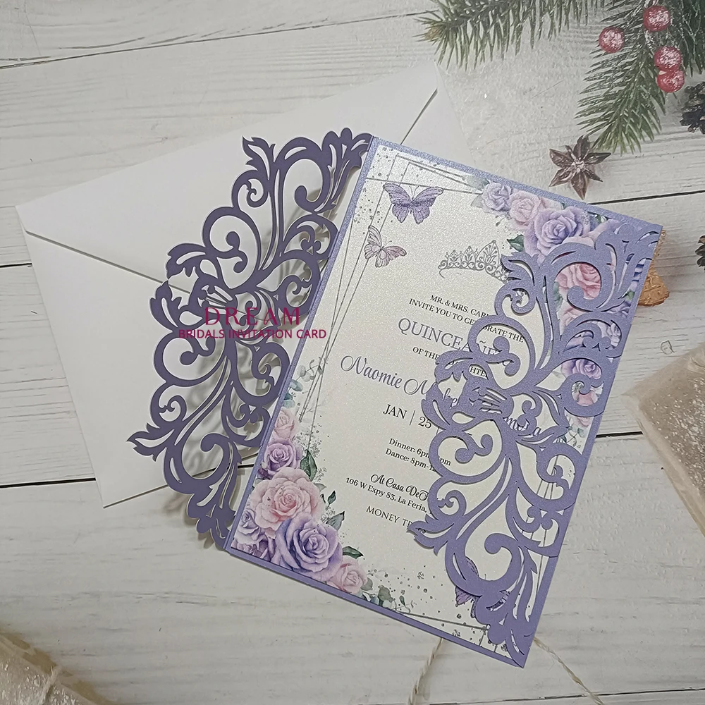20Set Lavender Paper Wedding Invitation Card Blank Insert Envelope Ribbon Engagement Invites HJ188