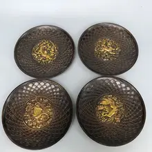 

6" Chinese Folk Collection Old Bronze Gilt Foursquare mythical beast Suzaku Xuanwu reward plate set screen Town house Exorcism