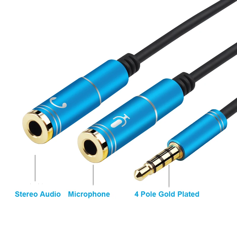 

4 Pole Male to 2 Female Headset Mic Aux Extension Adapter for Phone Audio Cable 3.5mm Jack Headphone Microphone Splitter