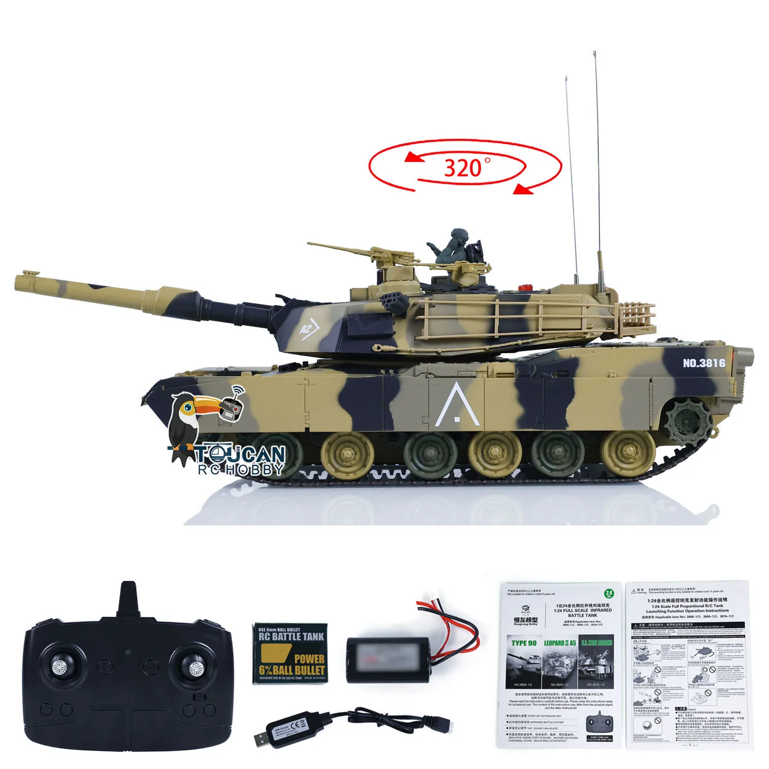 Heng Long 1/24 M1A2 3816-2 RC Tank Abrams 2.4G Toys TOUCAN Radio Control Battle Tank Cars Vehicle Model for Boys Gifts TH23394 2