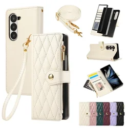 Leather Crossbody Wrist Strap Wallet with Card Holder Phone Case - Samsung Galaxy Z Fold6 (White)