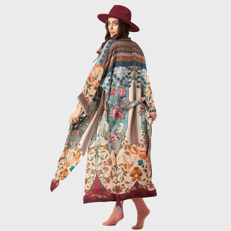 Kaftan Long Boho Beach Dress Bikini Cover-up African Cotton Hippy Floral Free Size Women Beach Wear Cover Up Caftan Maxi Gown 3