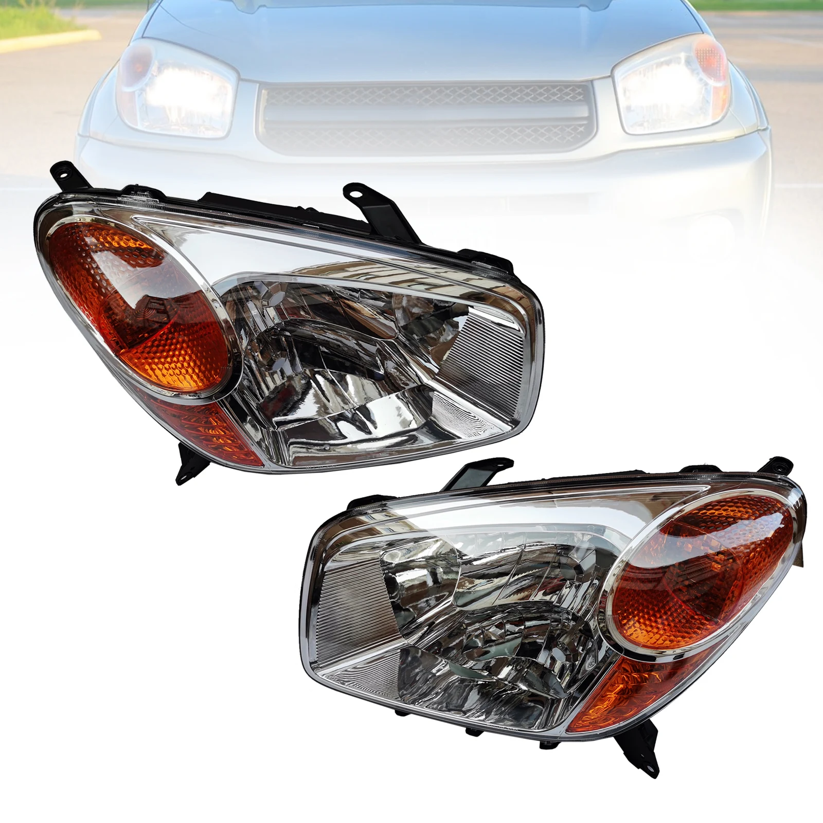 Pair of Headlights Durable  Left + Right Headlights Fits For 2004-2005 Toyota RAV4 LH & RH Halogen Headlamps New