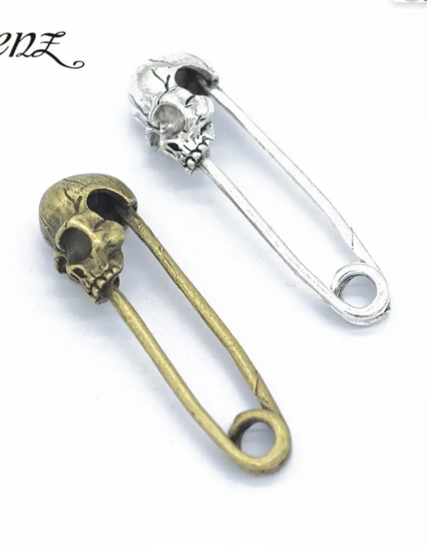 15 pcs 50*14mm DIY Assorted Antique Metal Skull Hand Safety Pin Charms Pendant for Crafting Jewelry Making Accessory F0174