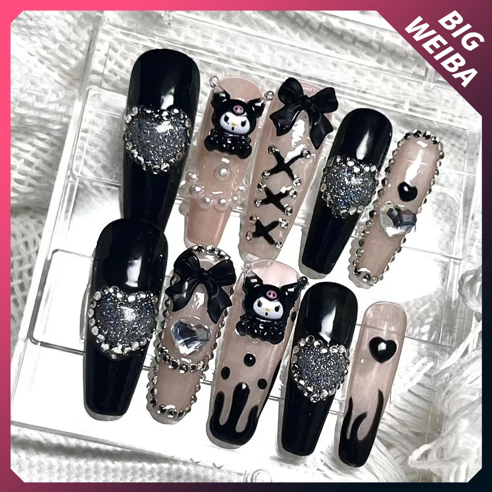 

Diy New Kuromi Cartoon Nail Detachable Black Pink Diamond Long Coffin False Nails Full Cover Anime Nail Gifts for Girls