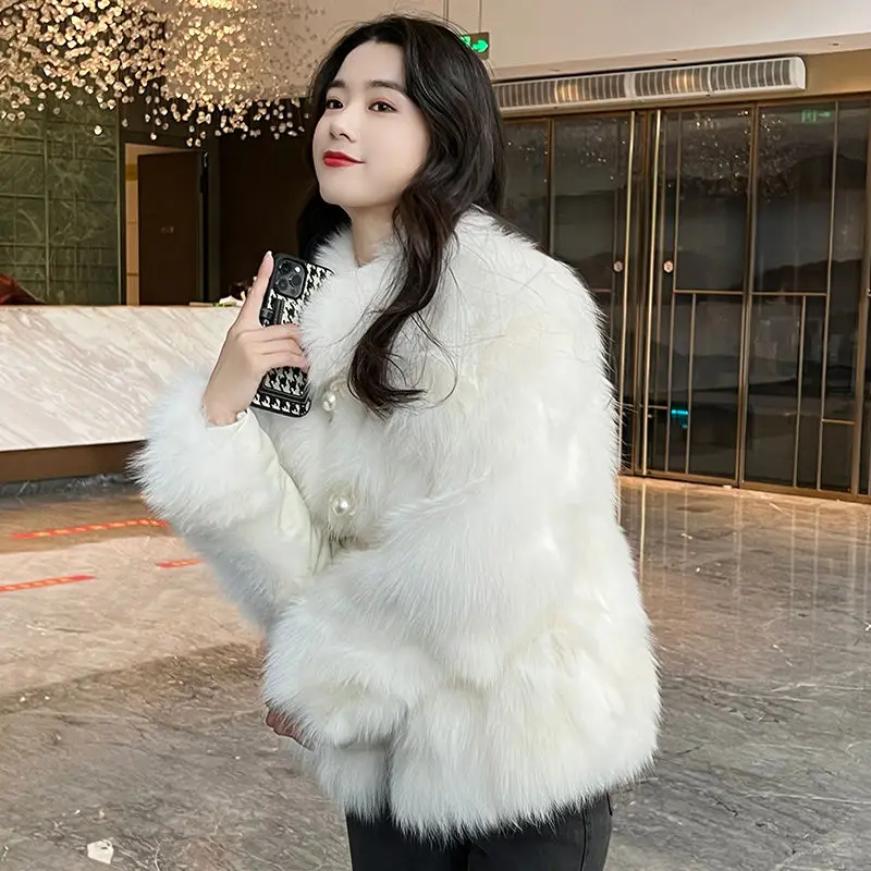 Pearl Button Fluffy Fur Coat Women Warm Faux Fox Fur Coat Luxury Brand Designer Clothing Stand Up Collar Long Sleeve Korean Chic