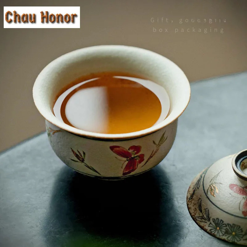 100ml Blue And White Flint Red Gaiwan Handmade Gold Drawing Butterfly Orchid Tea Tureen Tea Making Cover Bowl Tea Items Ornament