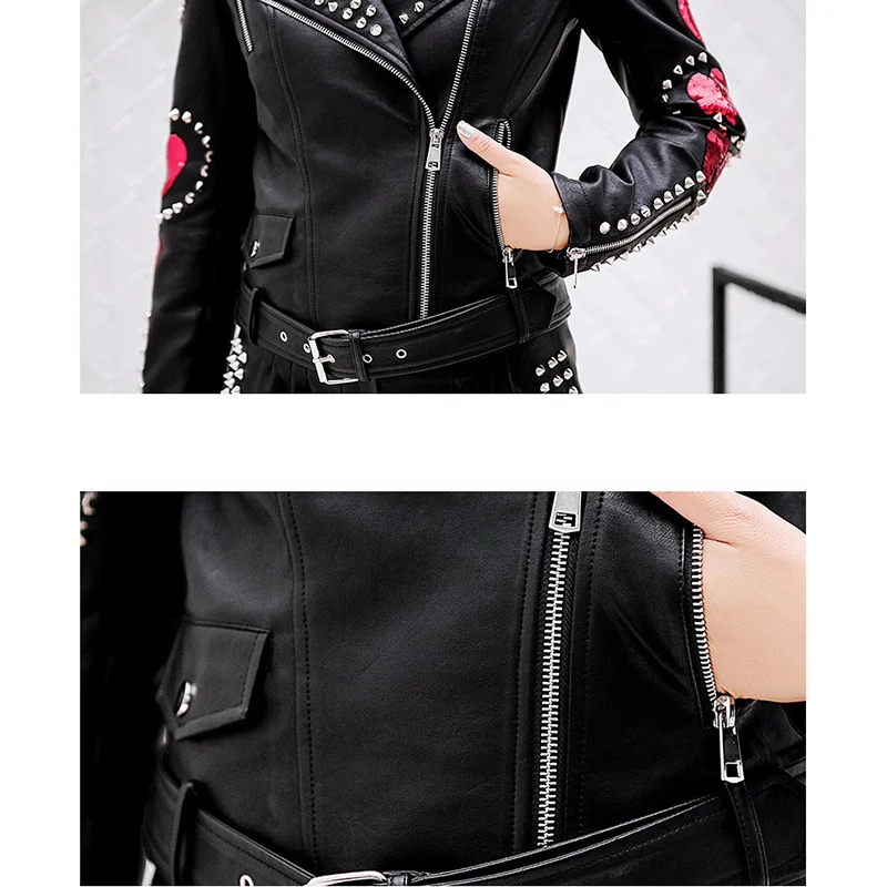 ZURICHOUSE Punk Rivet Jacket Women Slim Short Basic Coat 2023 Fashion  Heart-shaped Sequin Design Moto Biker PU Leather Jacket