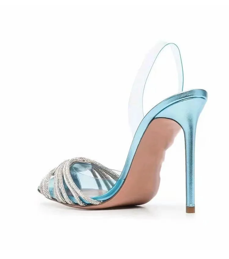 Rhinestones Pointed Toe Women Sandals New Female Transparent Thin High Party Shoes Ladies Sexy Pu Leather Shallow Footwear 2022 2