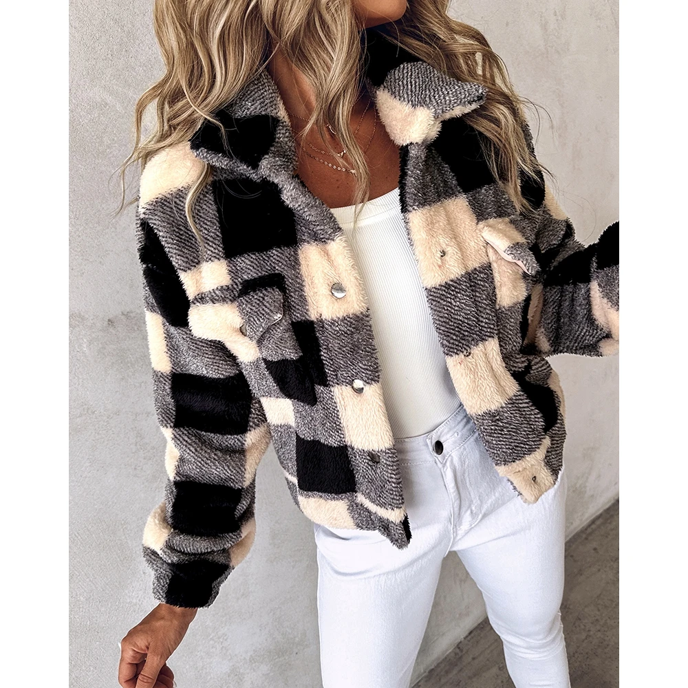 Autumn Winter Casual Women Plaid Print Colorblock Fleece Teddy Long Sleeve Coat Femme Pocket Design Turn-down Collar Jackets