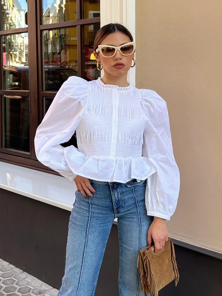 

Chicheca с пышными рукавами, Весенняя Поплиновая Блузка с оборками, белая блузка, топы с дымчатыми пуговицами и круглым вырезом, модная летняя женская рубашка, блуза
