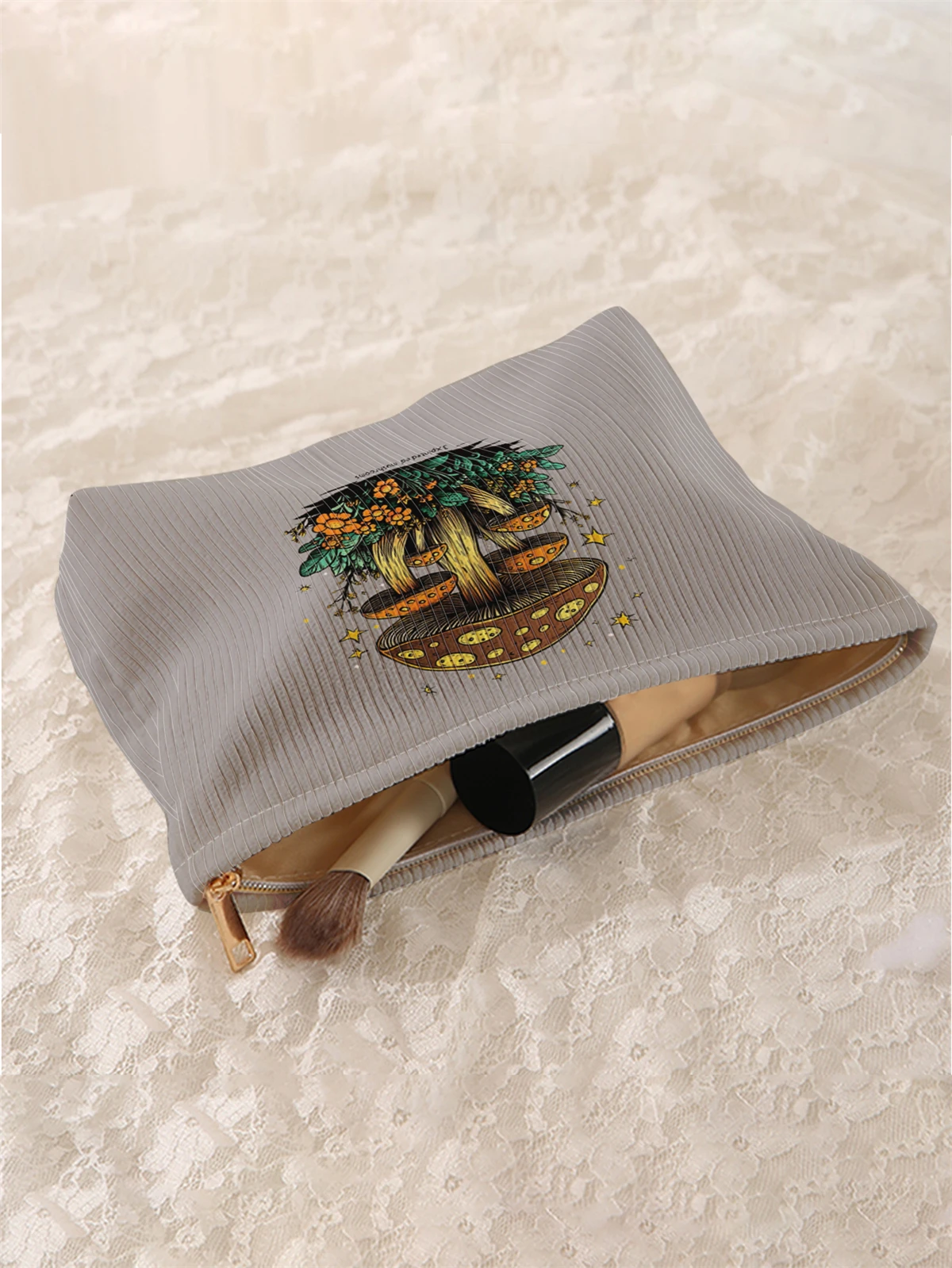 1 mushroom patterned corduroy makeup bag, lightweight zipper makeup storage box, multifunctional bag with lining