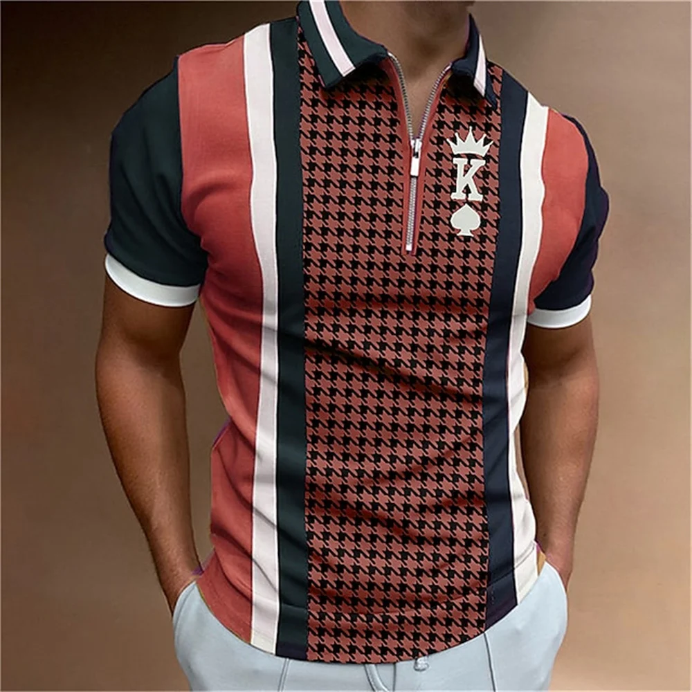 Fashion Striped Print Zipper Polo Shirt For Men Funny Letter Poker Short  Sleeve Tops High Quality Business Casual Golf Clothing - AliExpress