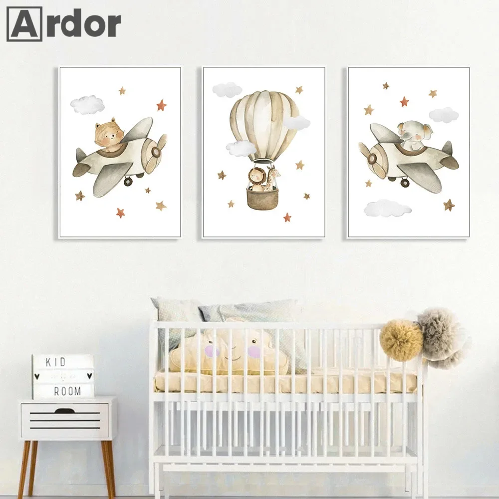 

Playing Airplane Animals Wall Art Prints Nursery Canvas Poster Star Hot Air Balloon Print Painting Wall Pictures Baby Room Decor