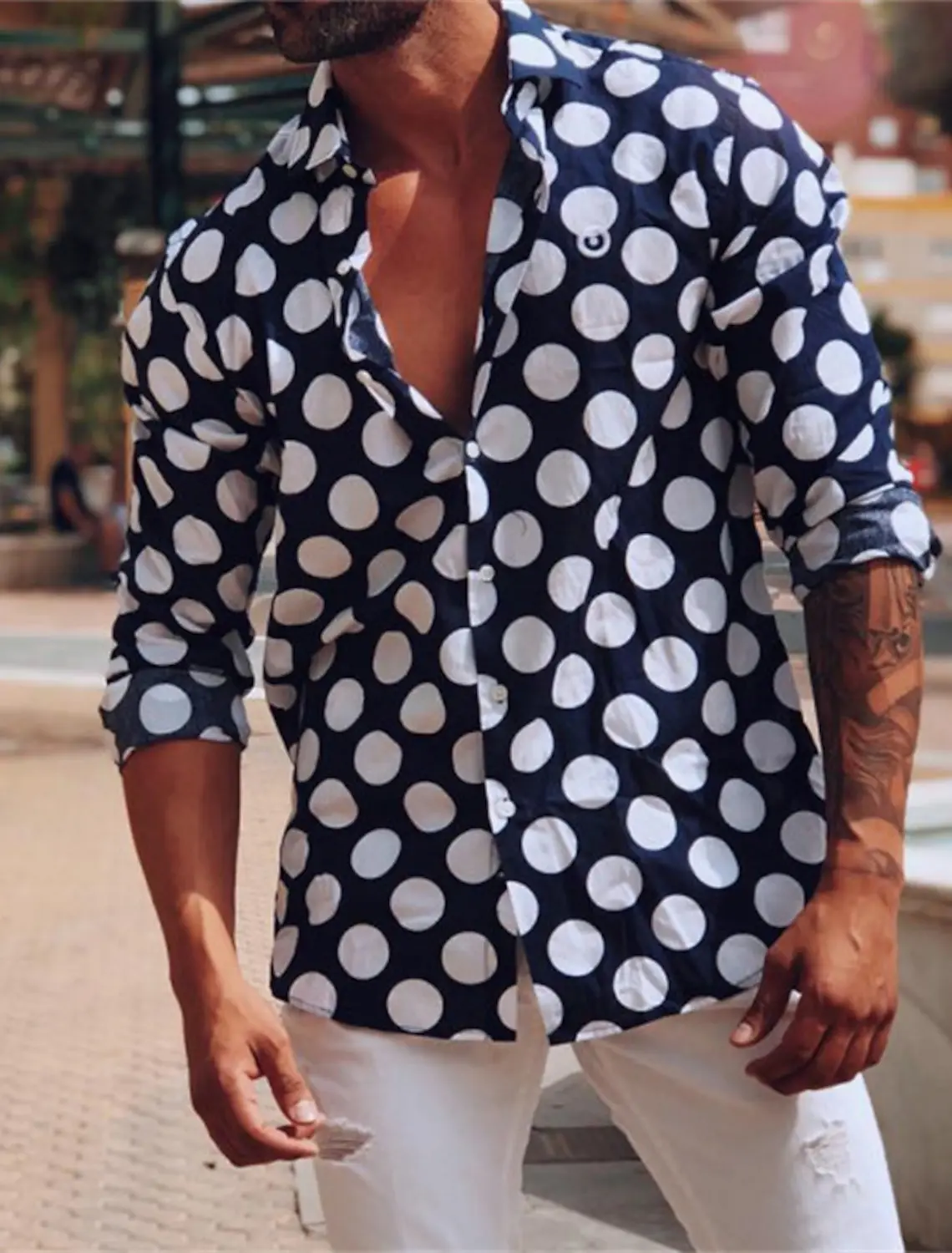 Spring and autumn Hawaiian outdoor street men's European and American shirt pattern polka dot casual breathable top