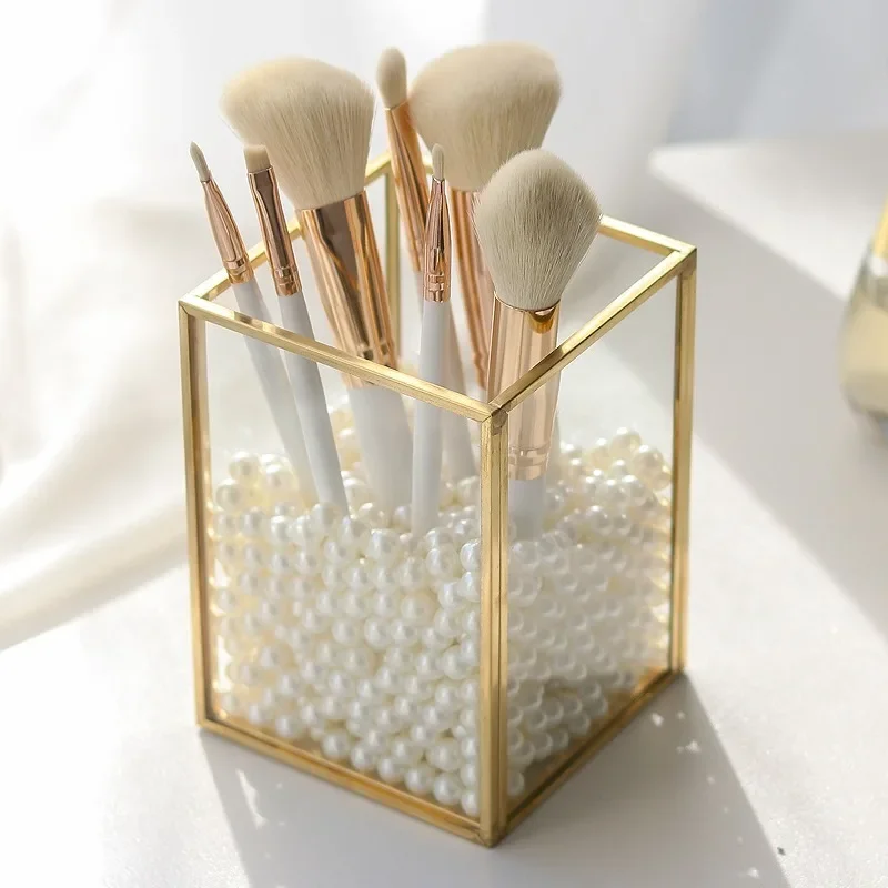 Golden Cosmetic Storage Box Desktop Lipstick Finishing Glass Plaid Jewelry Classification Storage Makeup Brush Organizer WF 4
