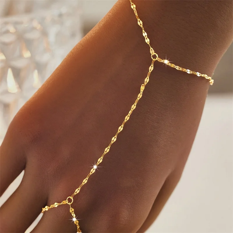 Minimalistisches Gold-Silber-Farbe, dünnes Handketten-Ring-Armband für Frauen, Vintage-Metallglieder, Verbindungsgeschirr, Schmuck, Party-Geschenk – Detail 9