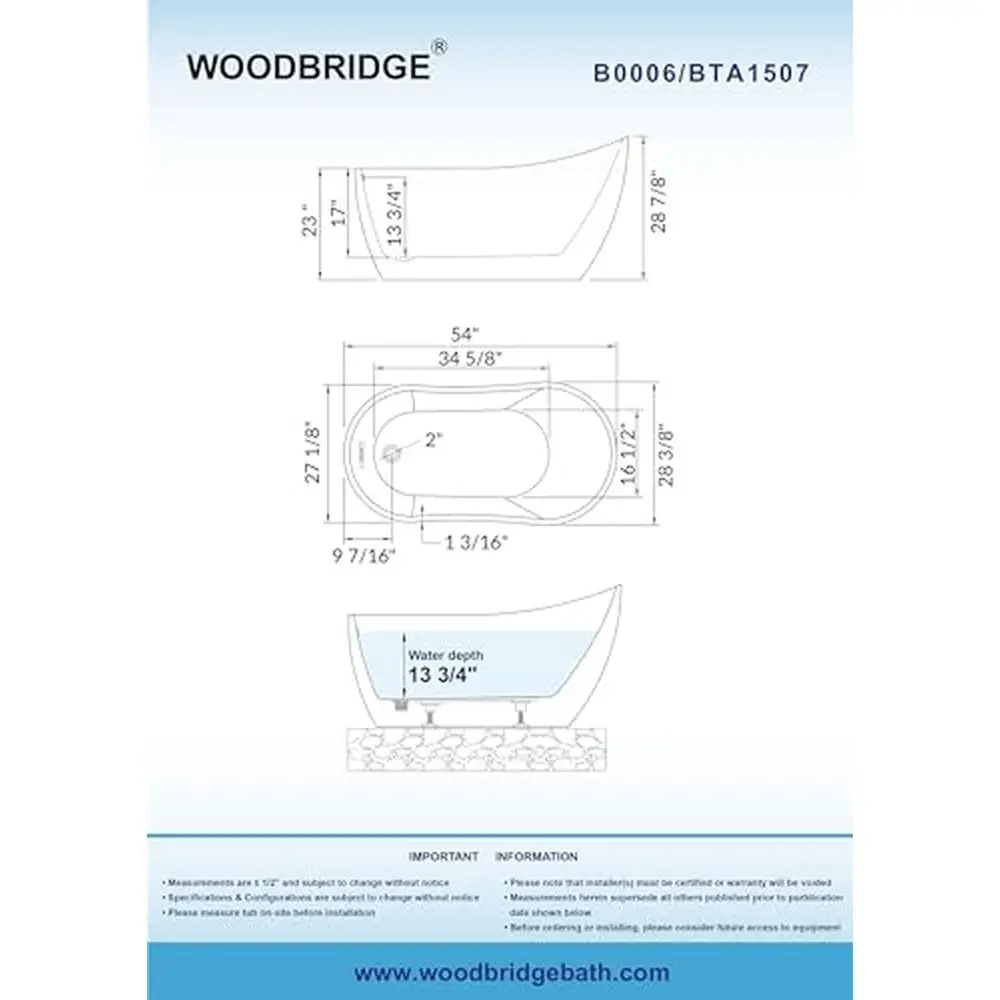 54" Acrylic Freestanding Bathtub with Matte Black Overflow and Drain Luxury Non-Slip Design 55 Gallons Capacity High Gloss White 6