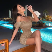 

Shiny Dress Women Glitter One Shoulder Elegant Dress Evening Party Backless Korean Dresses Sexy Female Strapless Mini Skirts