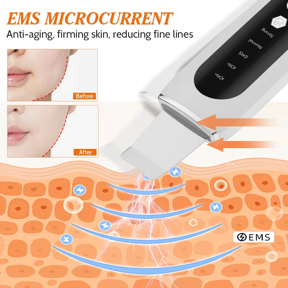 Facial Cleaner Ultrasonic Skin Scrubber EMS Microcurrent Shoveling Machine Blackhead Remove Deep Face Cleaning Beauty Instrument Skin Lift