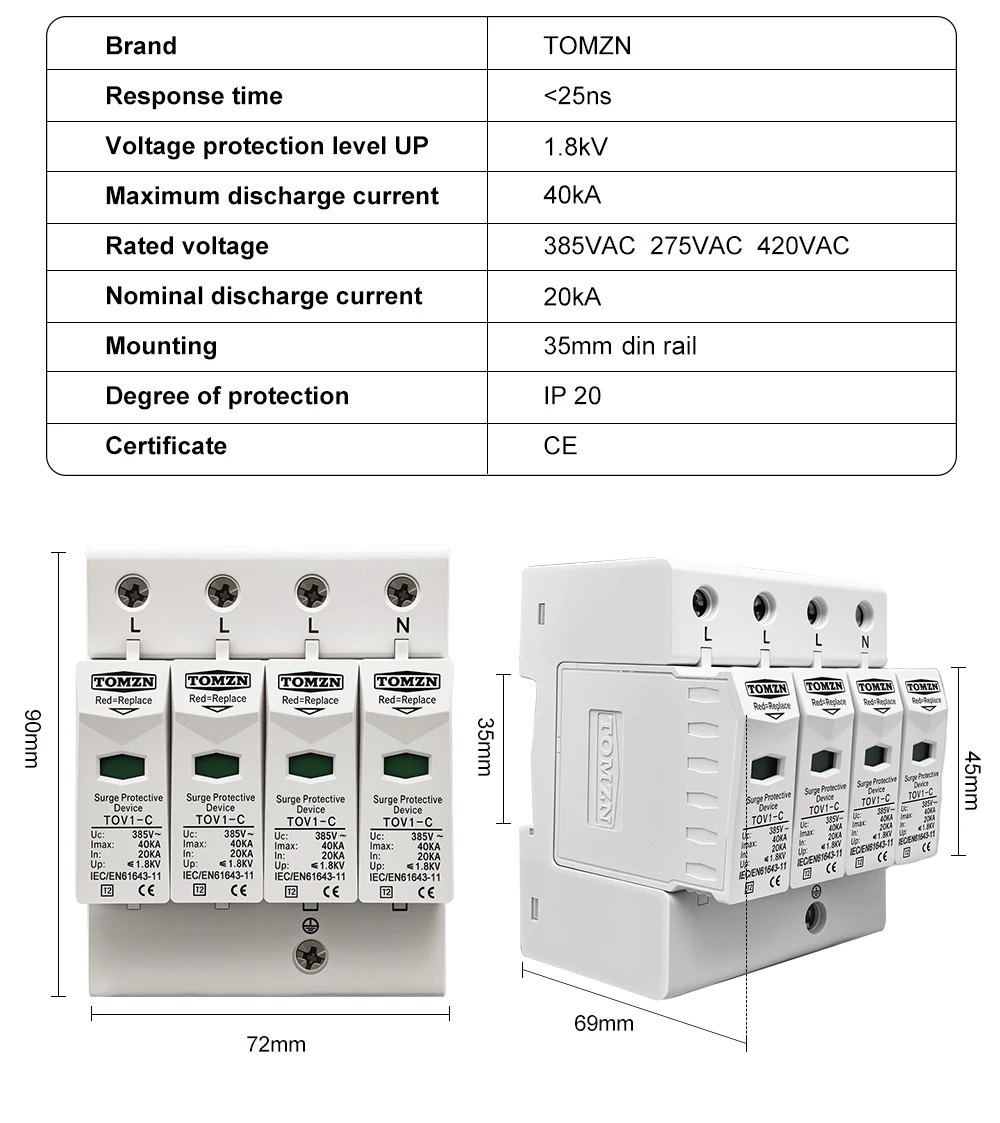 AC SPD 4P 3P+N 10-20KA 20-40KA 30-60KA 275V 385V House Surge Protector Protectiv