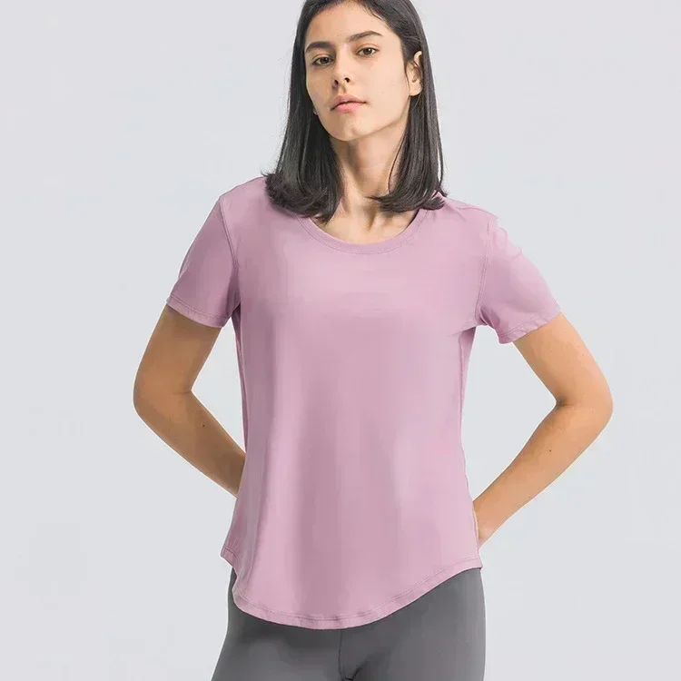 Lemon Women Yoga Short Sleeve Breathable Running Sports Top Curved Hem Casual T-shirt Elastic Speed Dry Fitness Clothing