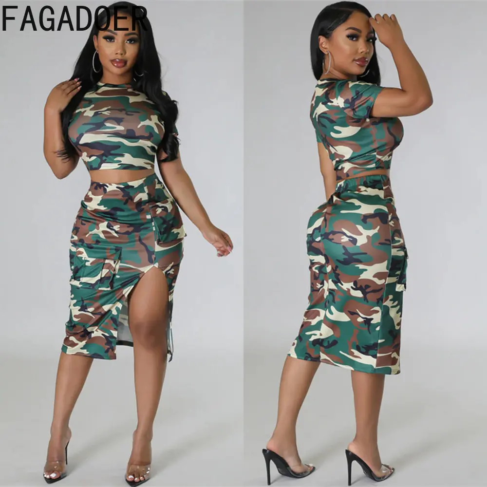 FAGADOER Sexy Camouflage Printing Skinny Skirts Two Piece Sets Women Round Neck Short Sleeve Crop Top And Skirts Outfits 2023