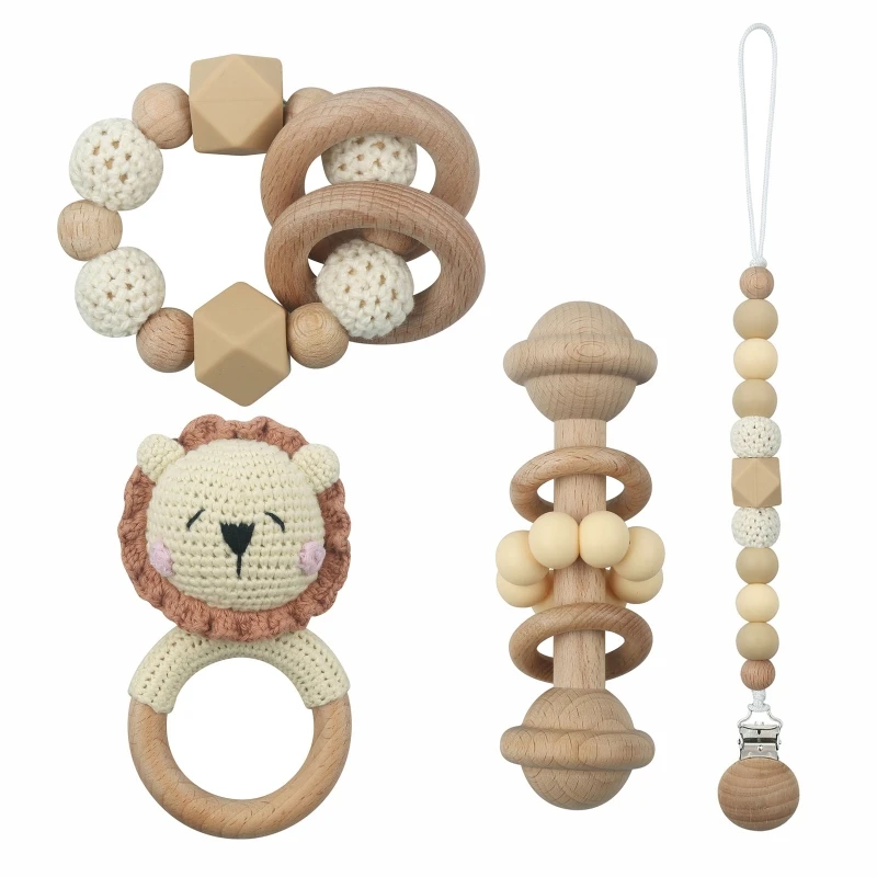 3/4pcs Handmade Crochet Baby deer/Rabbit Stuffed Dolls Newborn Bunny Rattle Toy Wooden Teething Ring Pacifier Chain Clips