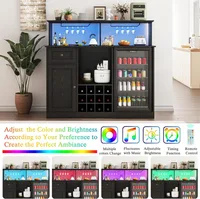 55" Farmhouse Wine Bar Cabinet with Mini Fridge Space, LED Lights & Power Outlet, Black Kitchen Buffet Hutch for Living Room 4
