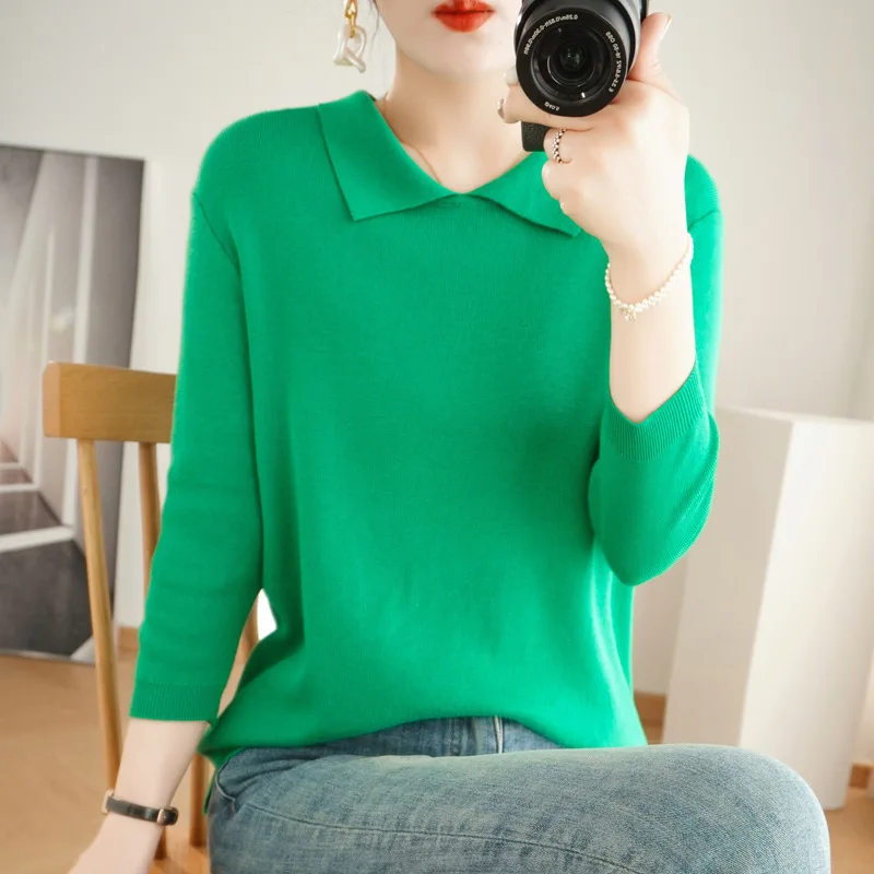 POLO Collar Women's Knitted Sweater Cashmere Blend Autumn And Winter New Solid Color Simple Inner Slimming And Age-reducing Top 6