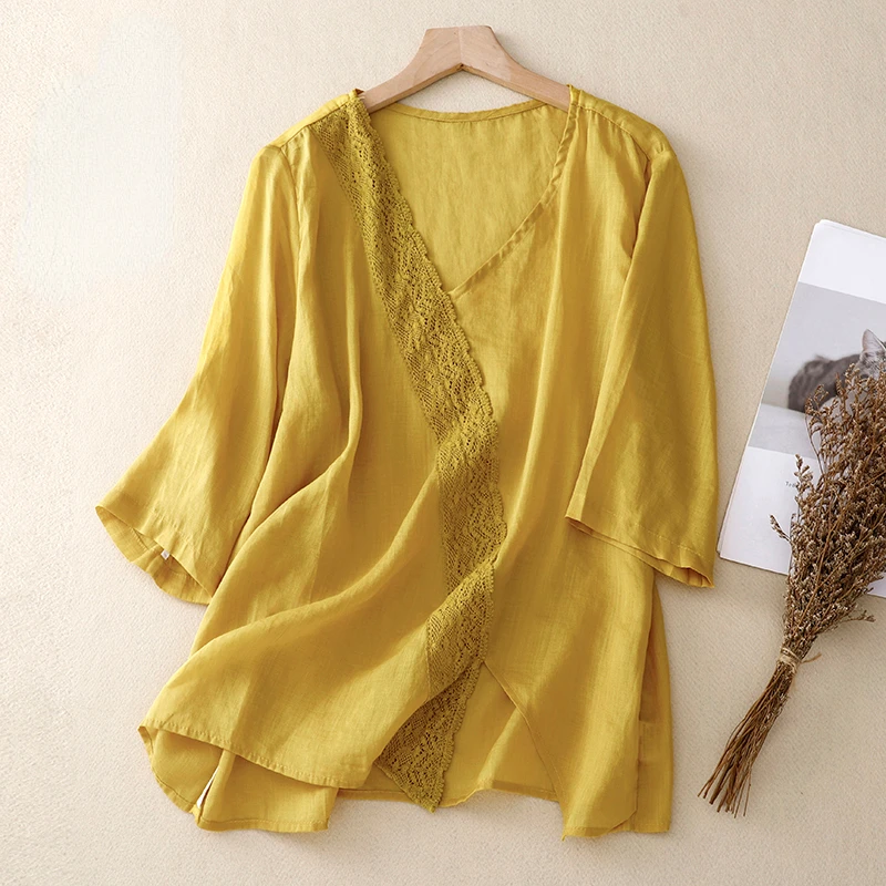 

Summer Women Vintage Women V Neck Embroidery Yellow Wine Red Blue Cotton Line , Woman Clothing Casual Loose Tops Shirts