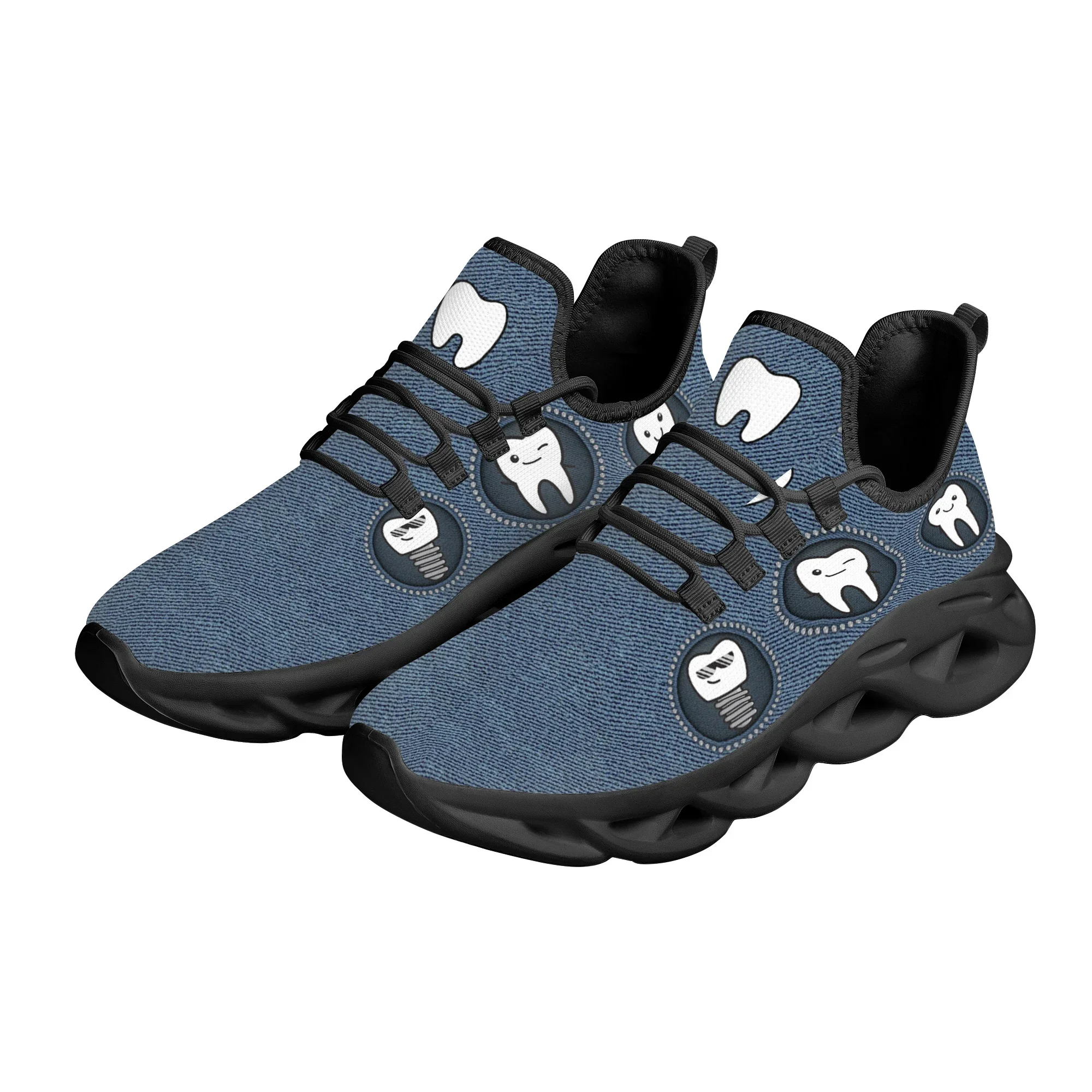 Funny Dentist Teeth Print Women's Flat Shoes Blue Lace-up Sneaker Summer Breathable Kint Footwear For Teen Girls