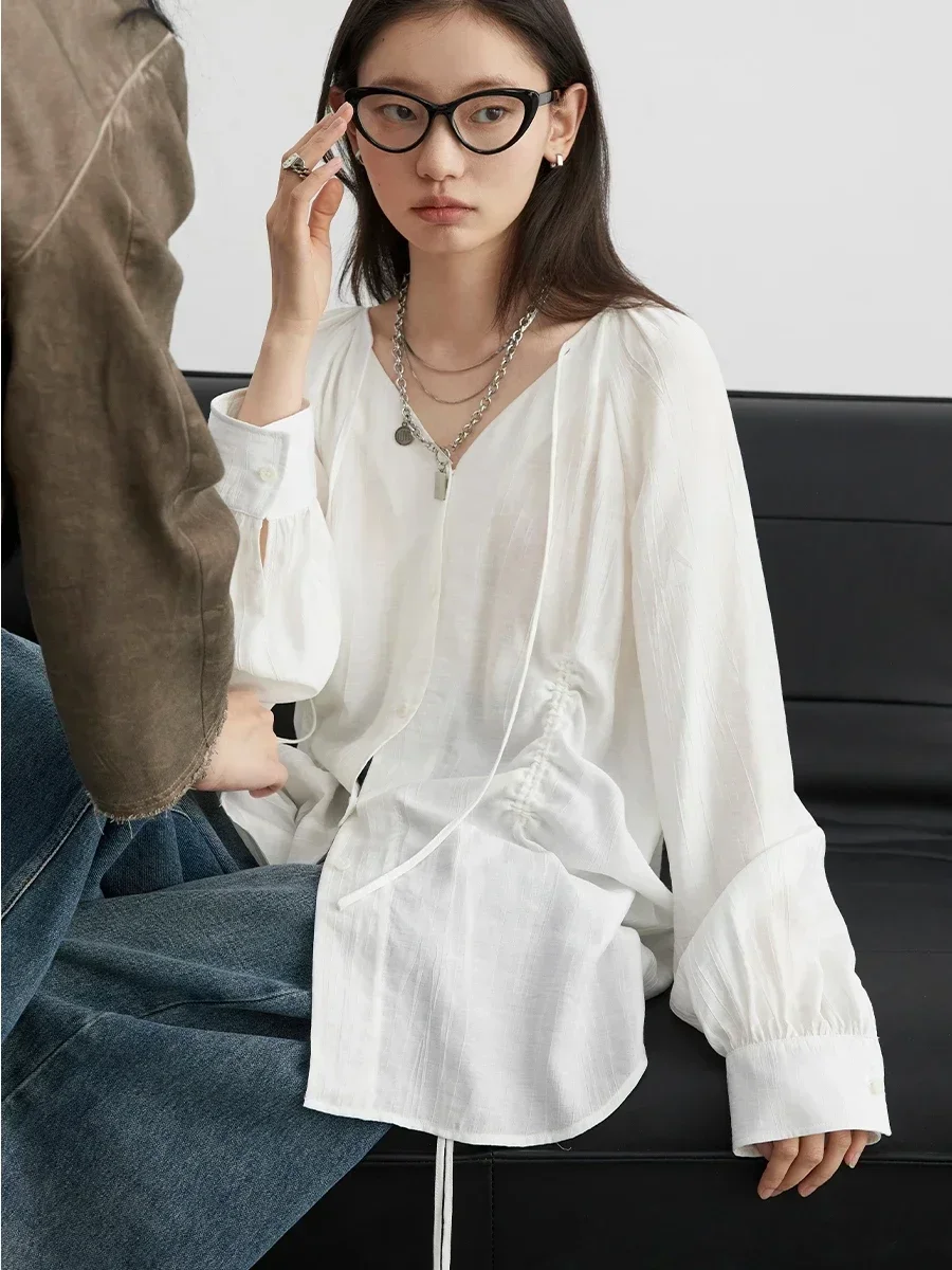 CHIC VEN 여성용 루즈한 레이스업 셔츠, 브이넥 플리츠 라글란 긴팔 블라우스, 여성용 상의, 용수철 여름, 단색, 한국 신상, 2025