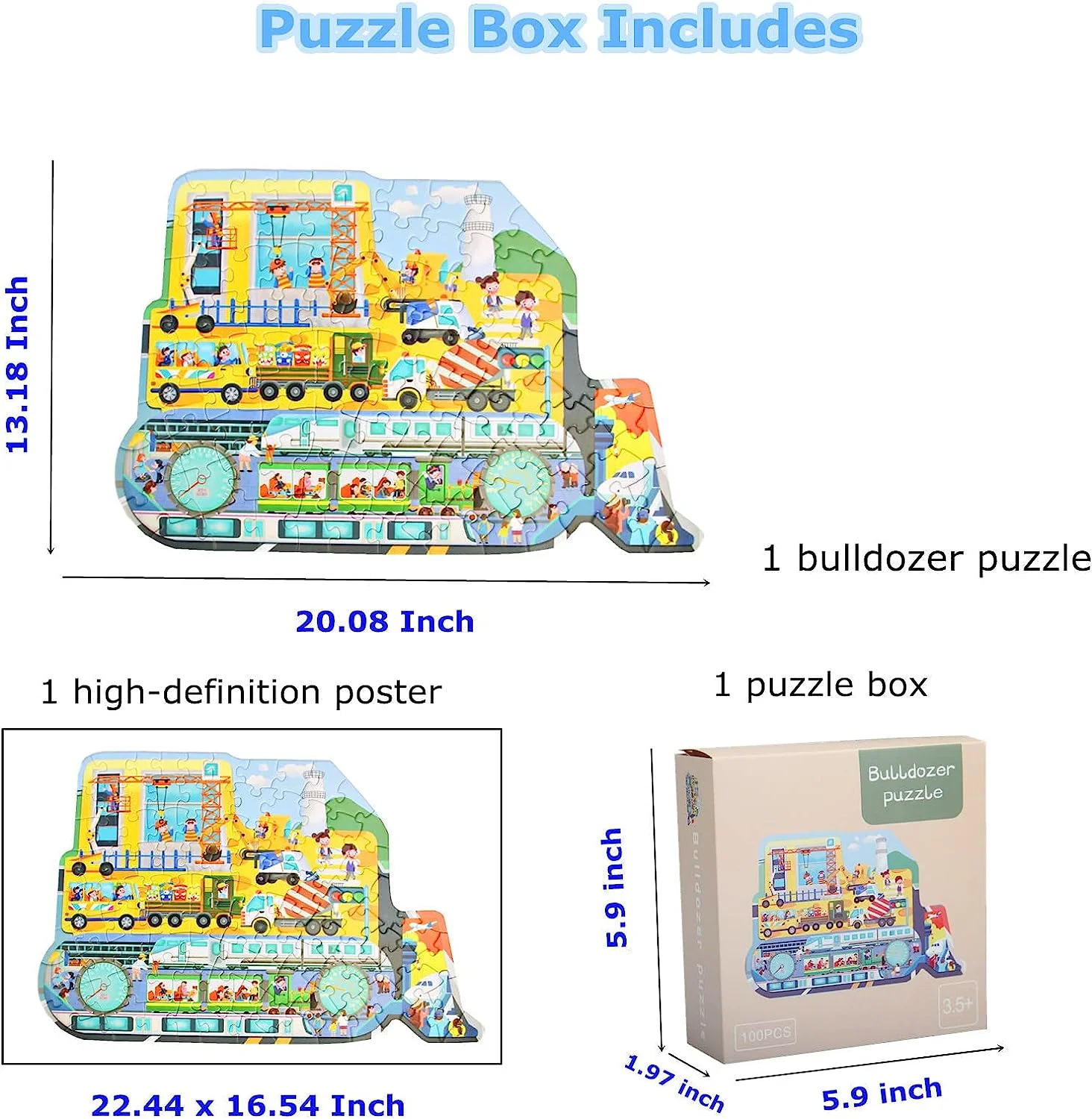 Puzzles for Kids Ages 4-10 100 Piece Puzzles for Kids Bulldozer Construction Vehicles Shaped Jigsaw Puzzle Christmas Birthday Gift