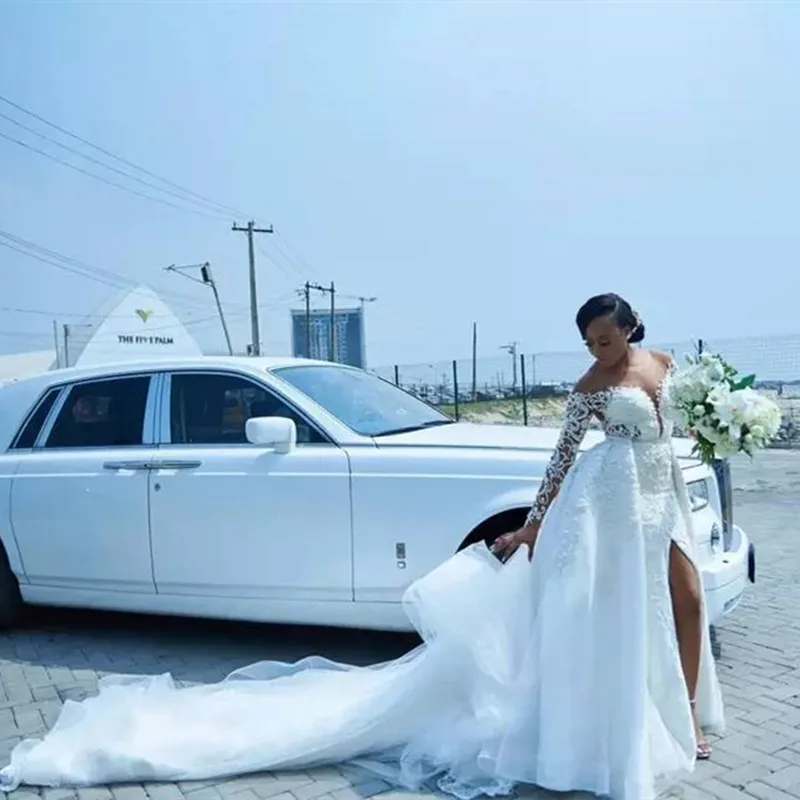 

Женское свадебное платье с длинным рукавом, сексуальное кружевное платье с юбкой-годе и жемчугом, свадебное платье со шлейфом