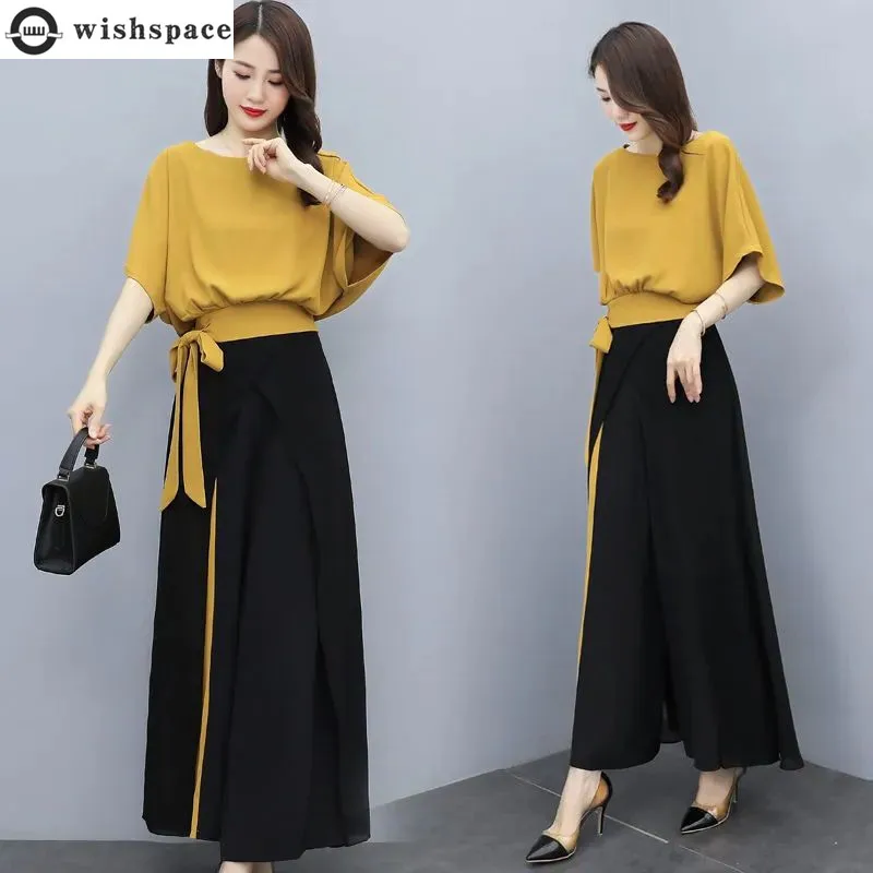 Leisure Wide Leg Pants Set for Women's Summer New Korean Version Fashionable Slim Fit and Age Reducing Two-piece Set