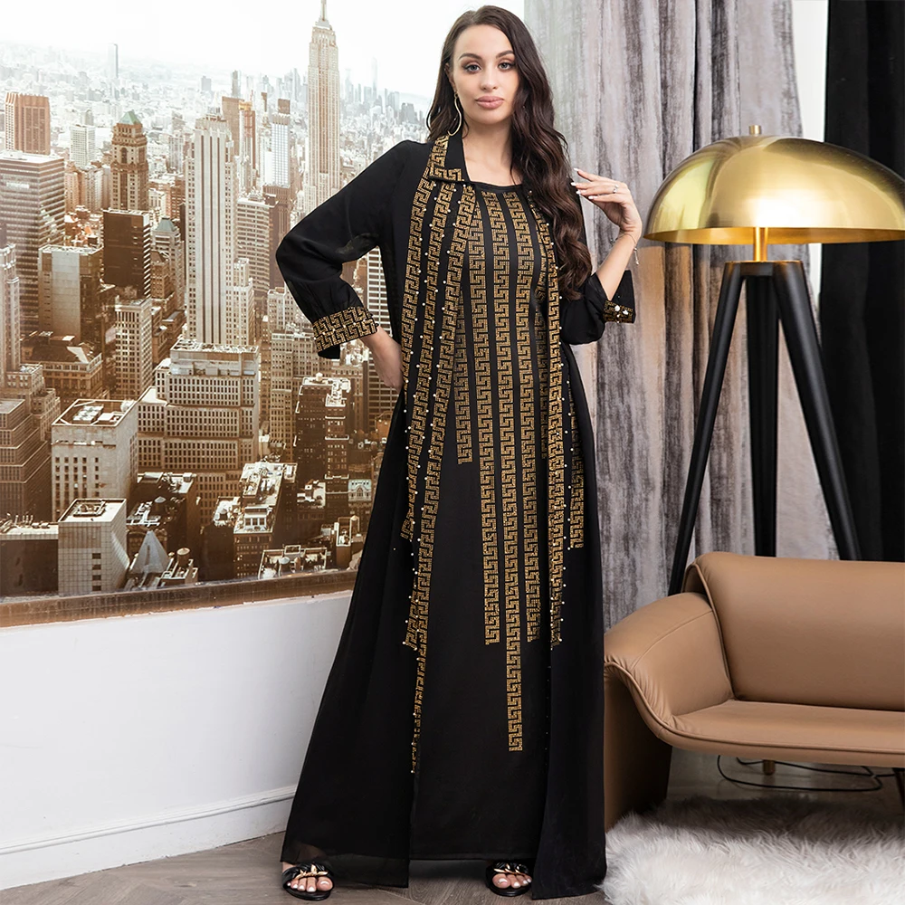 Fridayin Muslim Ramadan Elegant Contrast Color Bead Decorated Long Sleeve Party Women's  Long Skirt and Jacket Two Piece Set