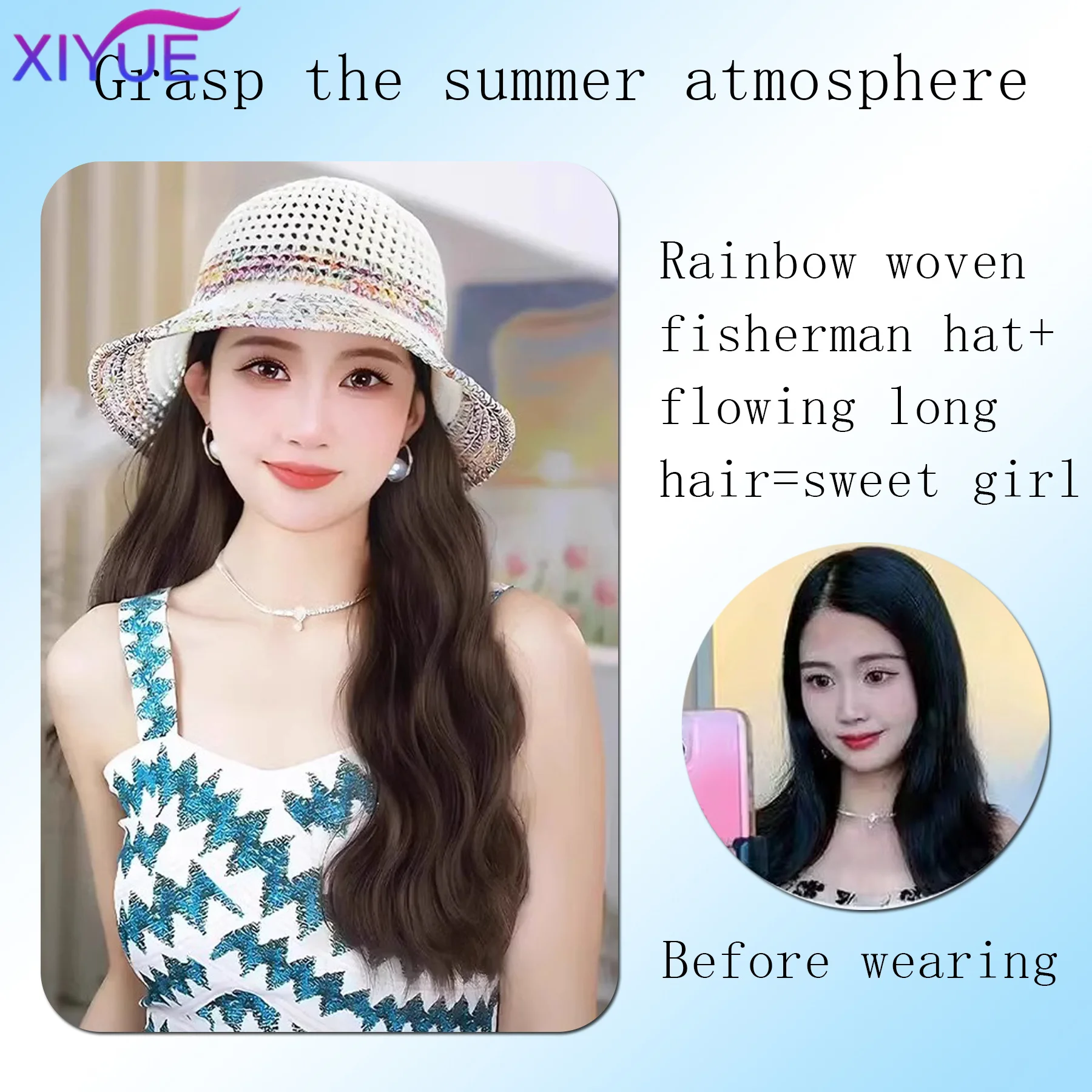 XIYUESynthetic Hollow Visor Wig  Ombre Long Roll Hat with hair Extension Travel Fashion Wigs Women's Natural Wigs