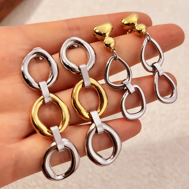 Exquisite Chain Long Dangle Earrings Two-tone Stainless Steel PVD 18K Gold Plated Multi Layer Circular Ring Love Heart Earring