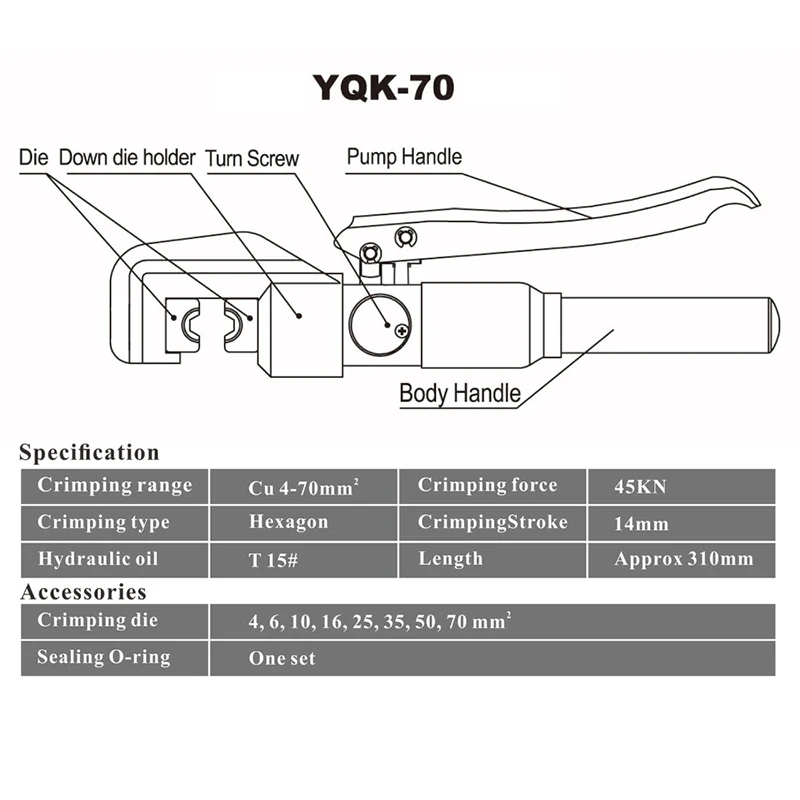 Hydraulic Crimping Tool Cable Lug Crimper Plier Hydraulic Compression Tool YQK-70 4-70mm 2 Pressure 5-6T ES and RU warehouse 4