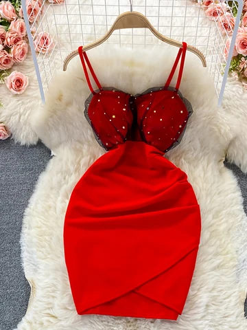 Sexy Mesh Patchwork Bodycon Mini Dress Women Red/Black/Pink/White Spaghetti Strap Vestidos Club Party Short Robe 2022 New
