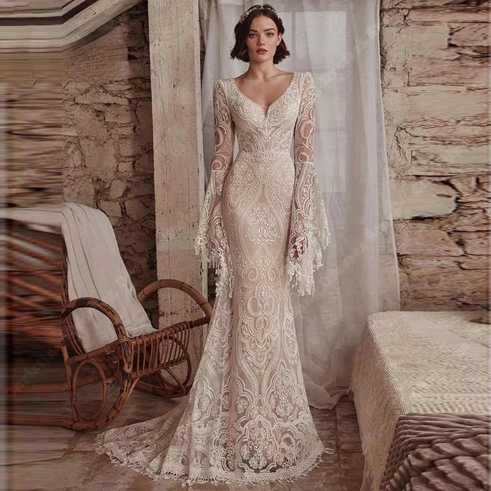 Vintage Women Wedding Dresses Lace Long Sleeves Bohemian Bridal Gowns 2024 Mopping Length Lace Appliques Women Robes Customized 3