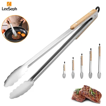 Stainless Steel Cooking Tong with Oak Handle, Barbecue Tong Salad Tong with Locking Ring, Kitchen Gadget for Salad Grilling BBQ 1