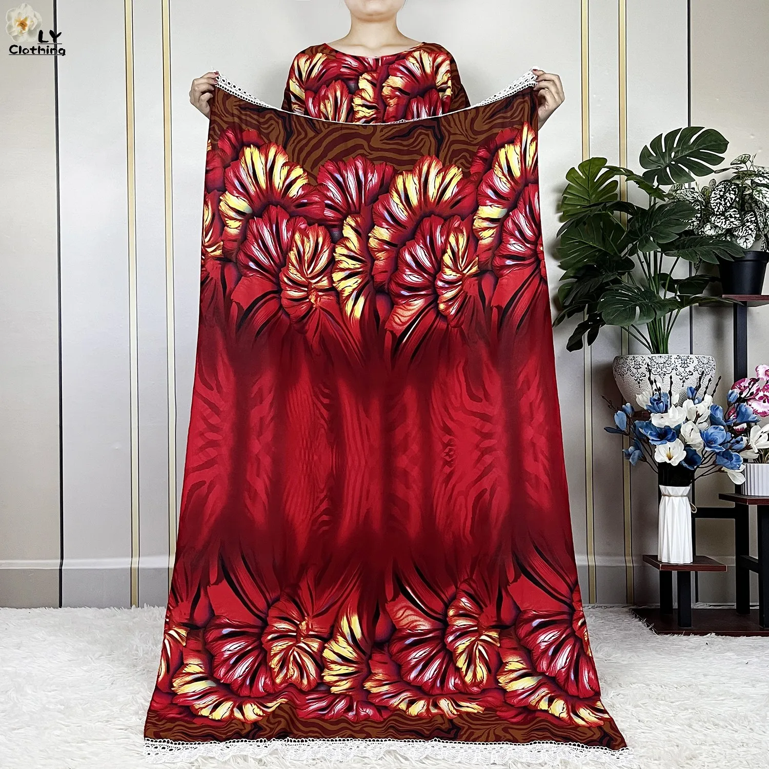 2023 New African Women Summer Fashion Dress With Big Scarf Dubai Maxi Lady Half Sleeve Collect Waist Printing Floral Casual Robe